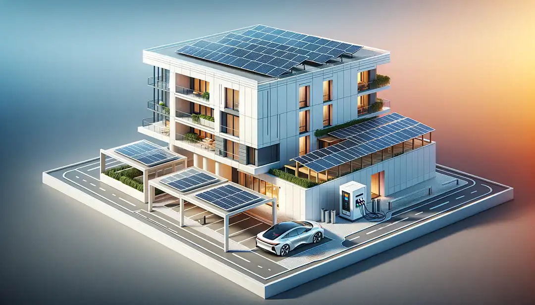 Mehrfamilien Appartment mit intelligenter Energiemanagementlösung, Photovoltaik auf dem Dach, Ladesäule für E-Autos und eingebauter Wärmepumpe und Carports mit PV-Anlage.